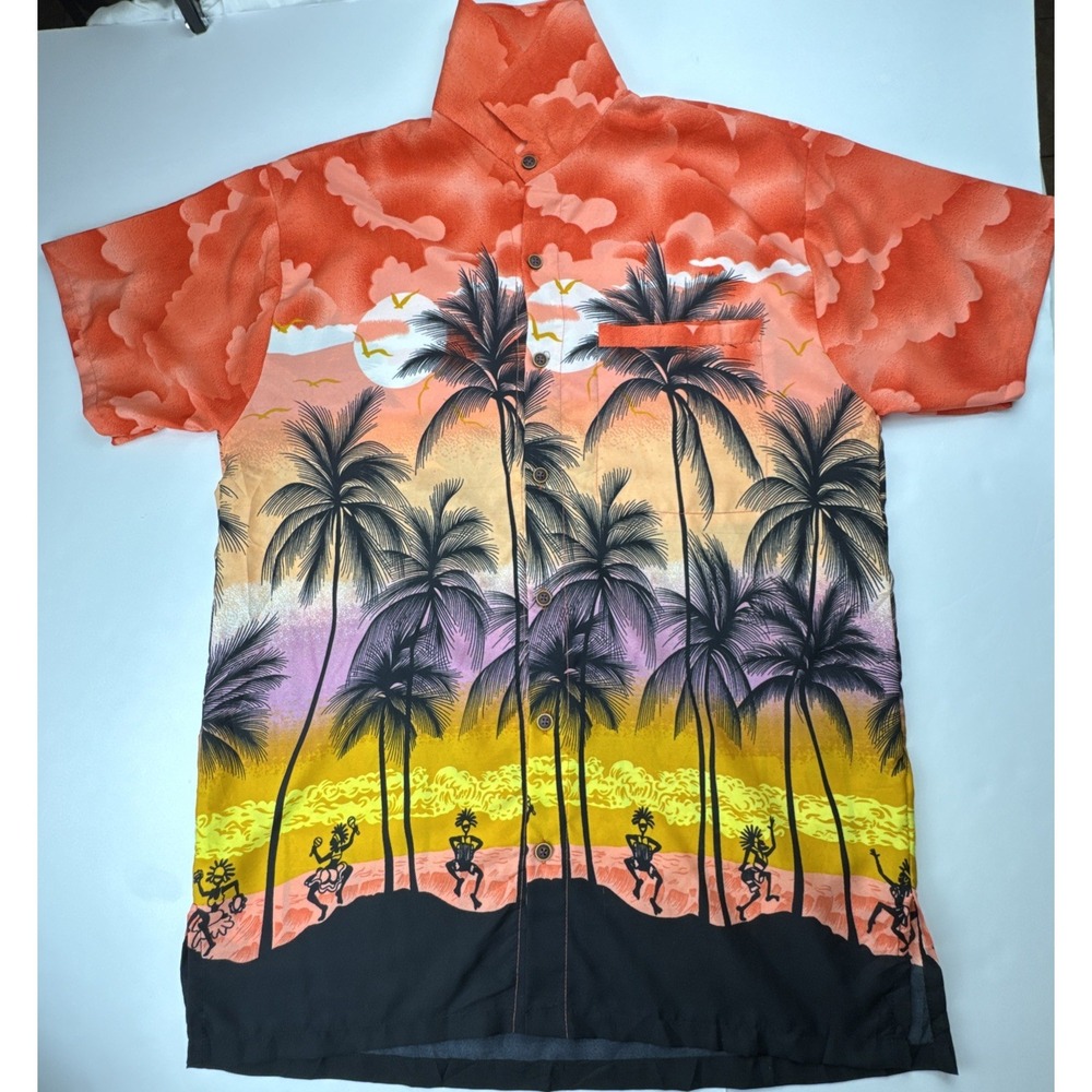 Asha Button Down Shirt Tropical‎ Sunset Palm Tree Print XL Orange Yellow Black